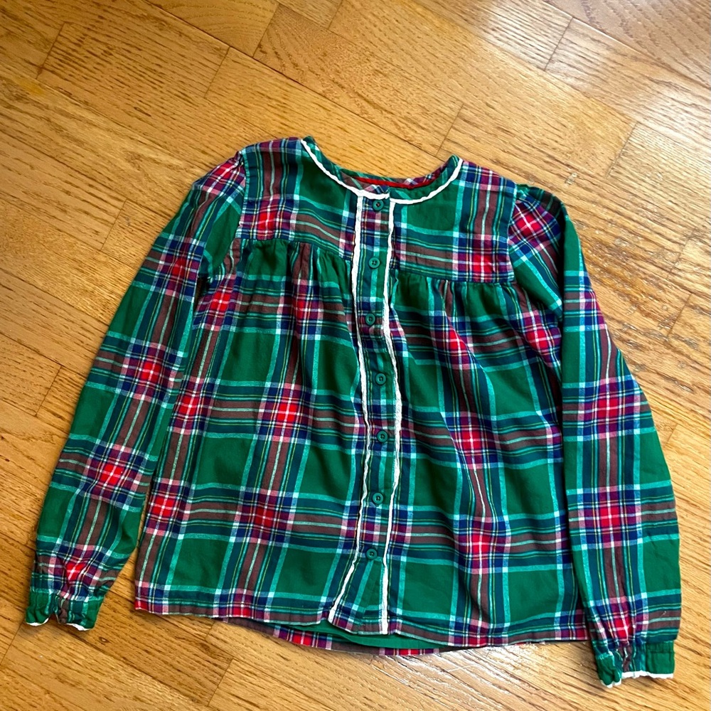 Girls plaid holiday button down top 11-12 Boden